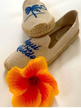 Soludos rosewood Natural Canvas Espadrille Slip-Ons with Blue Embroidery